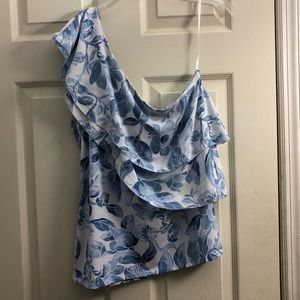 WHBM one shoulder blue floral blouse size L